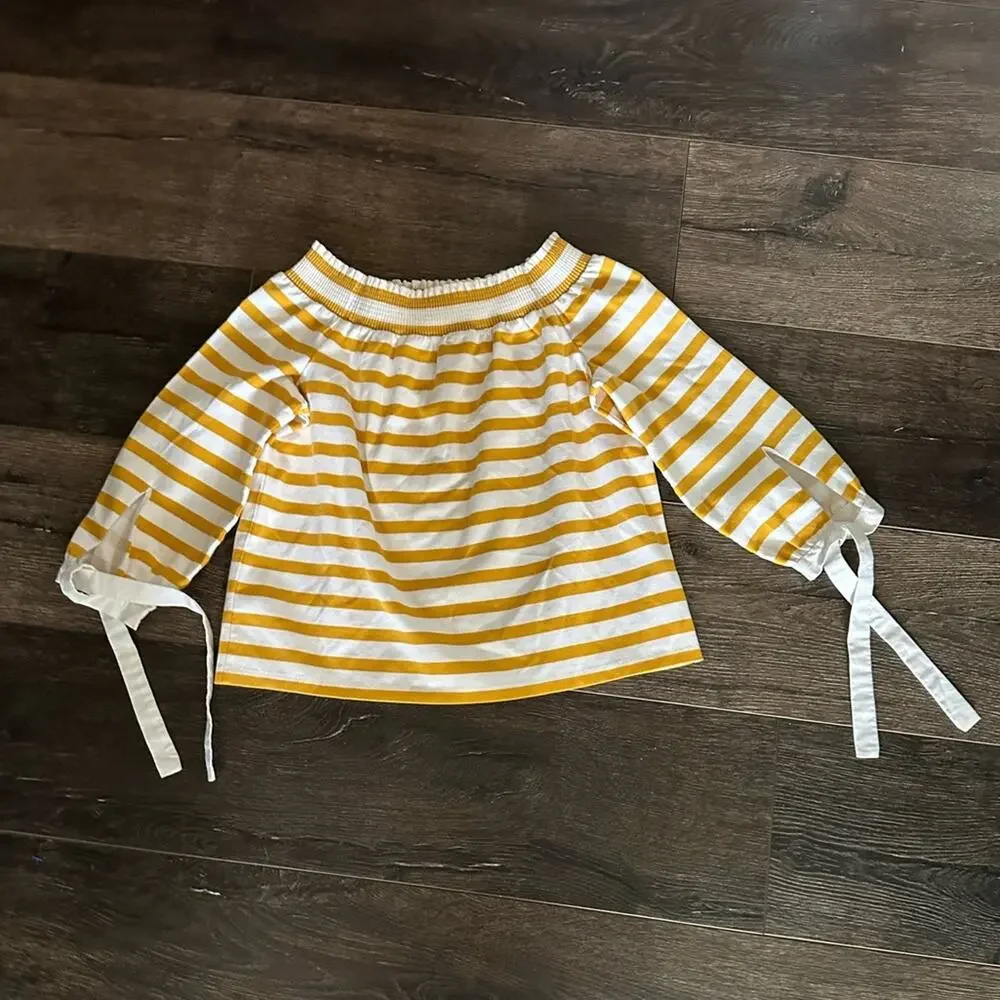J. Crew Off-Shoulder Top in Yellow and White 3/4 length Sleeves Stripes Size XXS